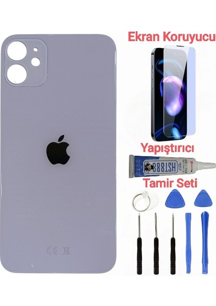 Apple iPhone 11 Arka Kapak Pil Kapağı + Yapıştırıcı+Kırılmaz+Tamir Seti Lila Renk