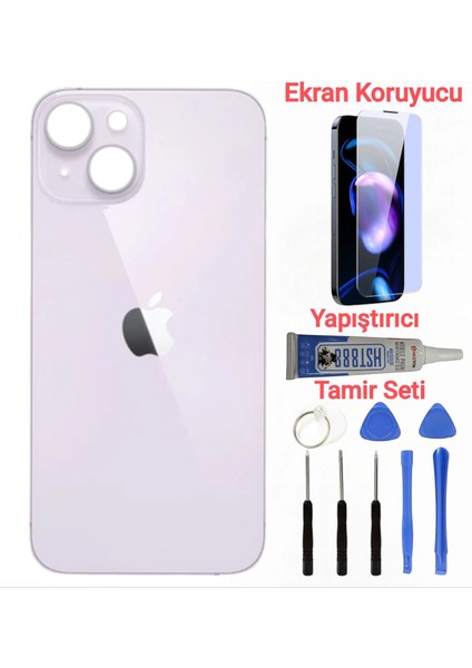 Apple iPhone 14 Arka Kapak Pil Kapağı + Yapıştırıcı+Kırılmaz+Tamir Seti Lila Renk