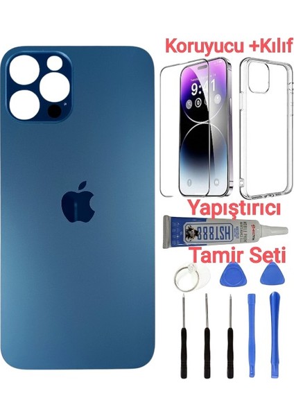 Apple iPhone 12 Pro Max Arka Kapak Pil Kapağı + Yapıştırıcı+Kılıf+Kırılmaz Mavi Renk