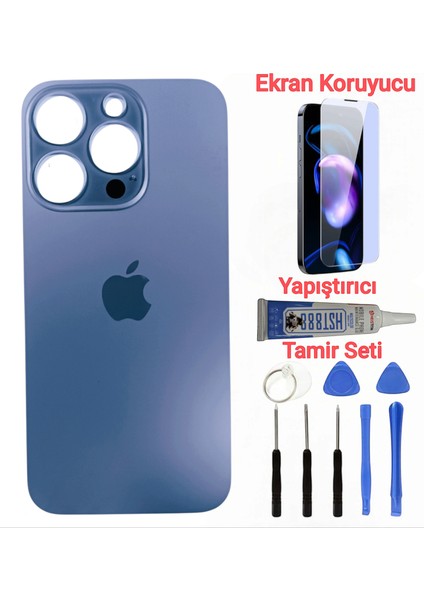 Apple iPhone 15 Pro Max Arka Kapak Pil Kapağı + Yapıştırıcı+Kırılmaz+Tamir Seti Mavi Titanyum Renk