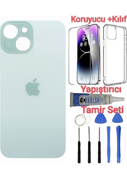 Apple iPhone 15 Plus Arka Kapak Pil Kapağı + Yapıştırıcı+Kılıf+Kırılmaz Açık Yeşil Renk