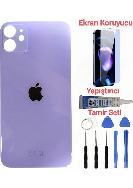 Apple iPhone 12 Mini Arka Kapak Pil Kapağı + Yapıştırıcı+Kırılmaz+Tamir Seti Lila Renk