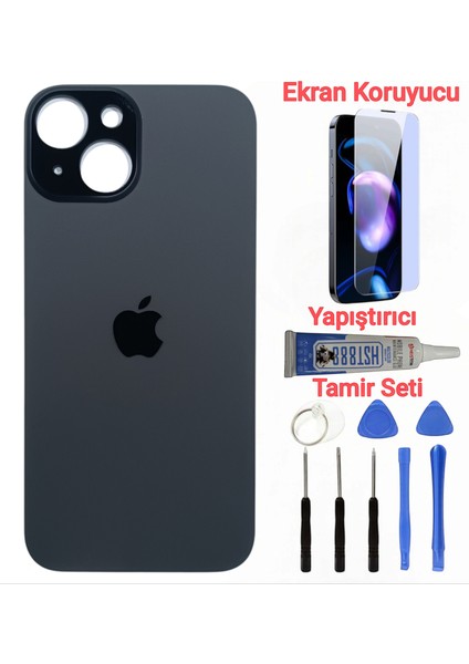 Apple iPhone 15 Arka Kapak Pil Kapağı + Yapıştırıcı+Kırılmaz+Tamir Seti Siyah Renk