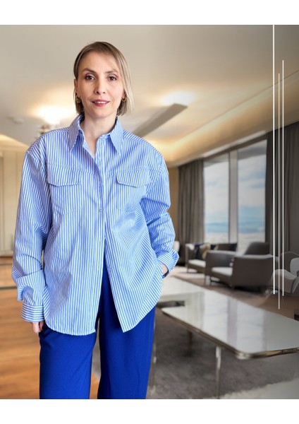 Omuzu Vatkalı Çizgili Mavi Gömlek modelleri