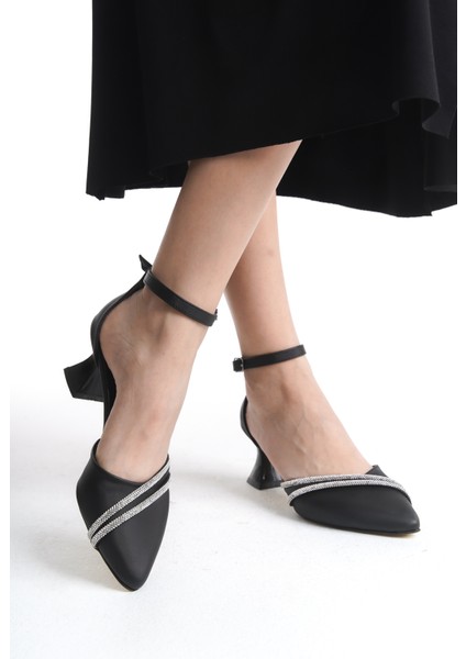 Siyah Saten Taşlı Kısa Topuklu Kadın Ayakkabı fiyatları