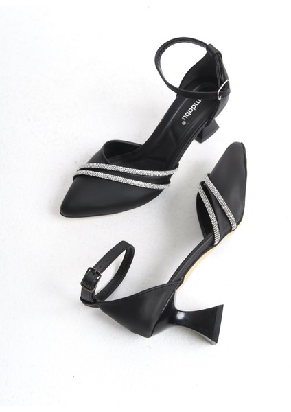 Siyah Saten Taşlı Kısa Topuklu Kadın Ayakkabı modelleri