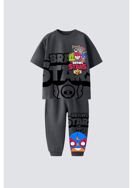 Brawl Stars Çocuk Eşofman Takımı Koyu Gri Tişört ve Eşofman Alt-Üst Takım
