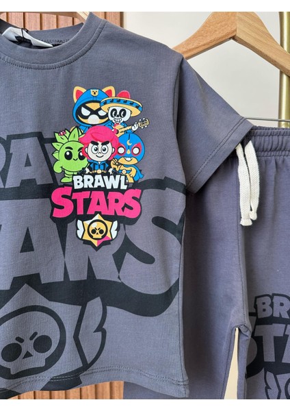 Brawl Stars Çocuk Eşofman Takımı Koyu Gri Tişört ve Eşofman Alt-Üst Takım modelleri