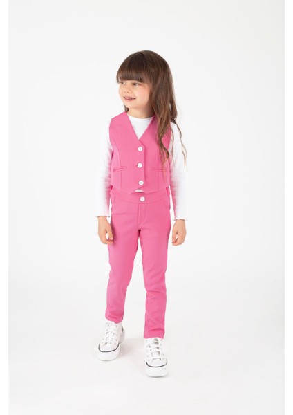 Kız Çocuk 3'lü Takım Pembe Yelek, Pantolon ve Bluz
