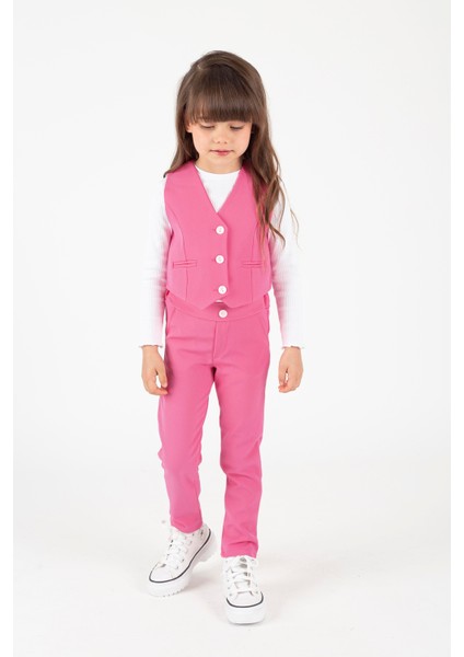 Kız Çocuk 3'lü Takım Pembe Yelek, Pantolon ve Bluz