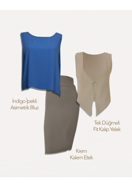 Indigo Asimetrik Bluz & Tek Düğmeli Slımfıt Yelek & Yüksek Bel Kalem Etek | 3'lü Kombin