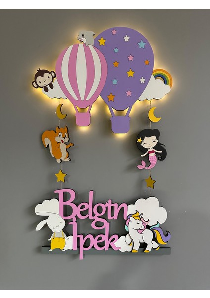 Balonlu Hayvanlı Işıklı Ahşap Bebek Kapı Süsü