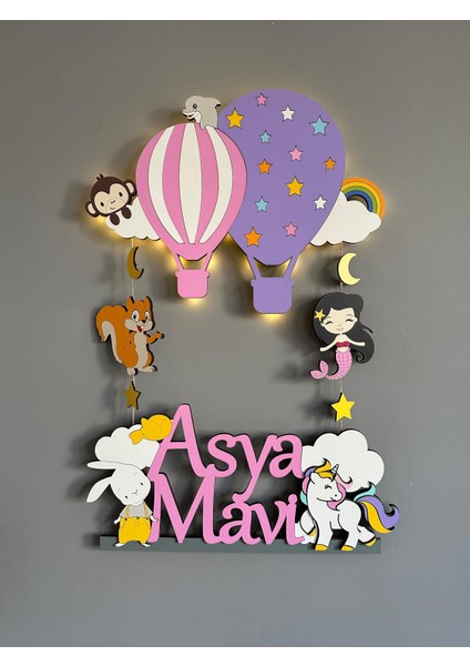 Balonlu Hayvanlı Işıklı Ahşap Bebek Kapı Süsü