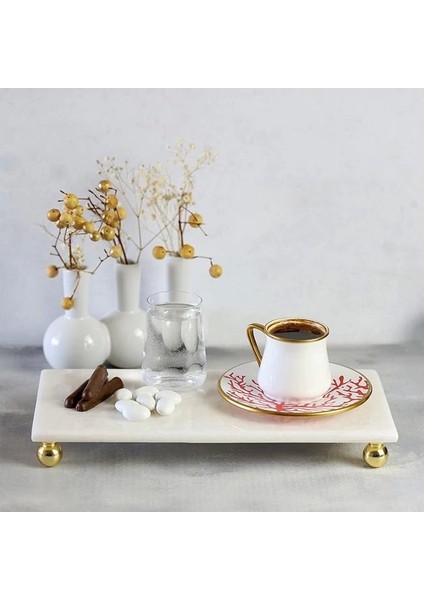 Beyaz Mermer 30X15 cm Altın Boncuk Ayaklı Sunum Tabağı