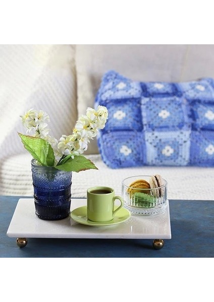 Beyaz Mermer 30X15 cm Altın Boncuk Ayaklı Sunum Tabağı