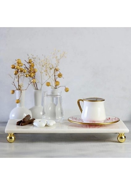 Beyaz Mermer 30X15 cm Altın Boncuk Ayaklı Sunum Tabağı