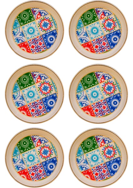 Ela Çay Tabağı 6 Kişilik Porselen Osmanlı Desenli Derin Çay Tabağı