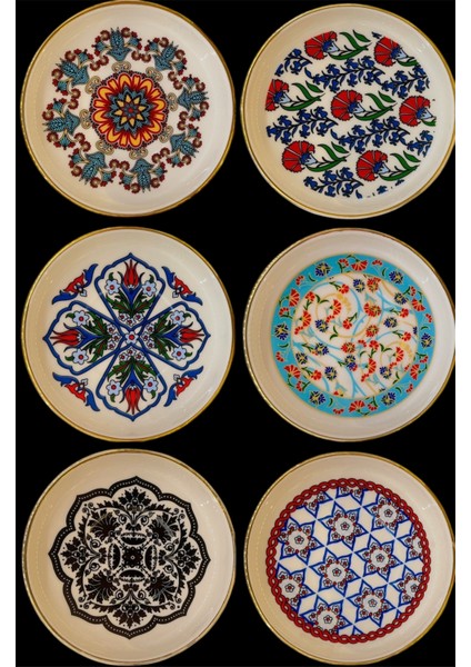 Ela Çay Tabağı 6 Kişilik Porselen Osmanlı Desenli Derin Çay Tabağı