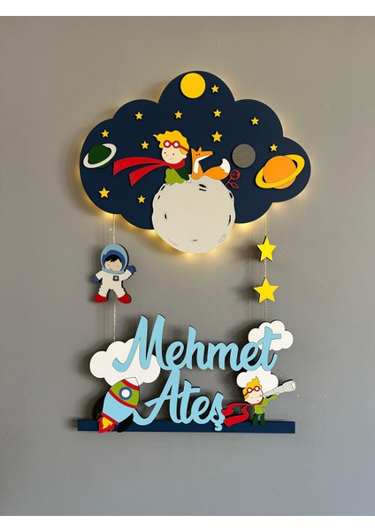 Bulut Küçük Prens Işıklı Ahşap Bebek Kapı Süsü