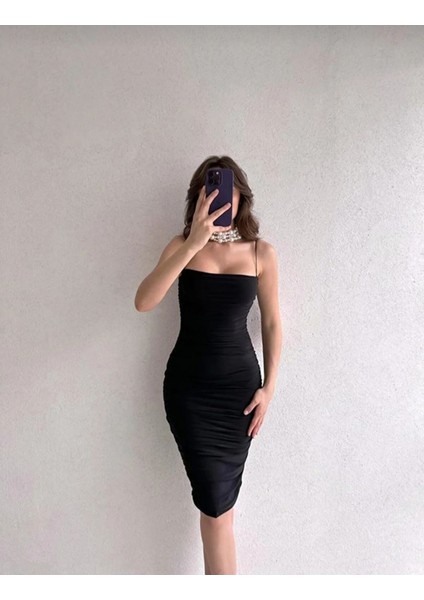 Ip Askılı Drapeli Midi Elbise, Vücuda Oturan Ip Askılı Drapeli Midi Abiye Elbise Askılı Drape Elbise