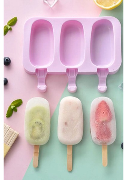 Premium 3'lü Silikon Magnum Şeklinde Dondurma Yapma Kalıbı Ahşap 100 Çubuk Hediyeli 2 Adet