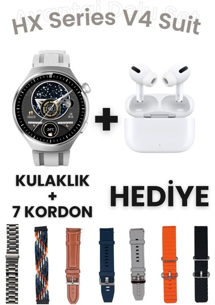 Hx Series V4 Suit Yuvarlak Akıllı Saat 7 Kordon ve Kulaklık Hediyeli Akıllı Saat