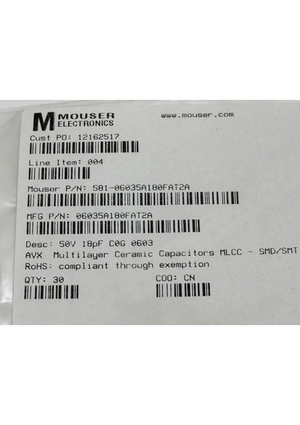 Kyocera Avx 06035A180FAT2A Seramik Kapasitör 30 Adet modelleri