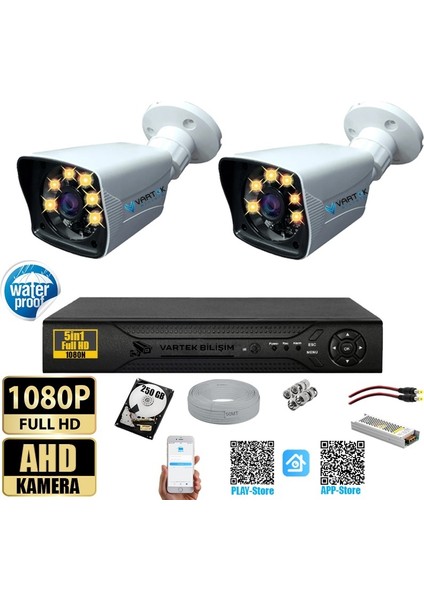 2 Kameralı-Gece Renkli 5mp Lensli 1080P Fullhd Kamera Seti - Su Gecirmez- Sabit Ip Gerektirmez