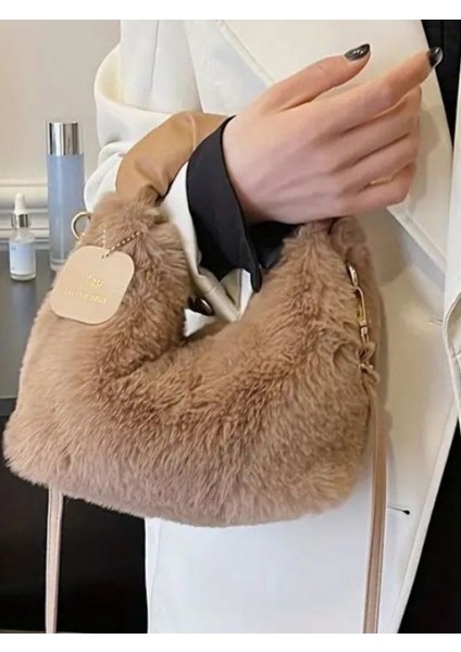 Yumuşak Dokulu Tüylü Omuz Çantası, Yünlü ve Kürklü Kadın Omuz ve El Çantası Mini Boy
