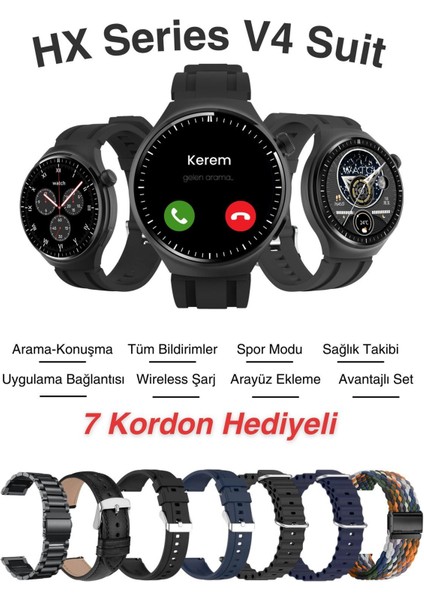 Hx Series V4 Suit Yuvarlak Akıllı Saat 7 Kordon Hediyeli Tüm Telefonlara Uyumlu Akıllı Saat