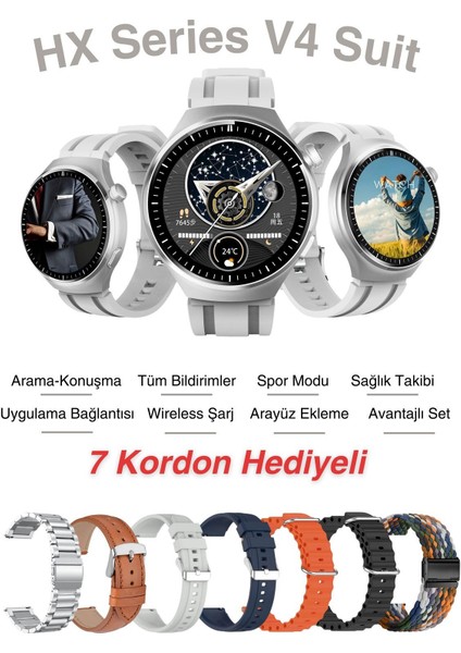 Hx Series V4 Suit Yuvarlak Akıllı Saat 7 Kordon Hediyeli Tüm Telefonlara Uyumlu Akıllı Saat