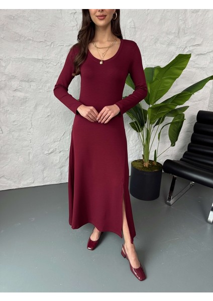 Bordo V Yaka Yırtmaçlı Modal Elbise