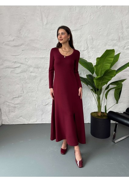 Bordo V Yaka Yırtmaçlı Modal Elbise