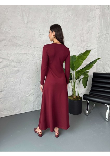 Bordo V Yaka Yırtmaçlı Modal Elbise