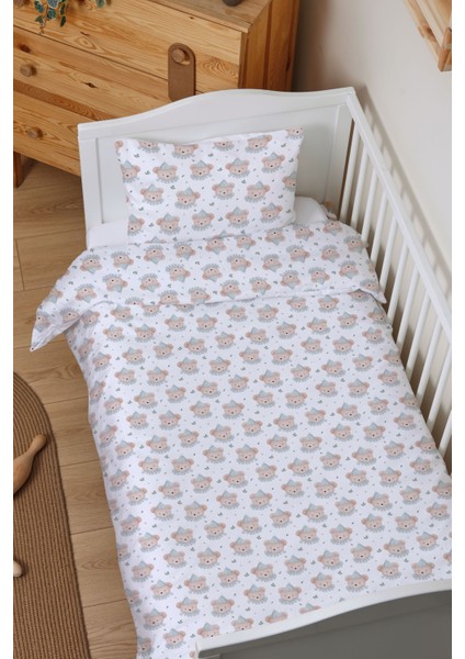 Organik Bebek Boy Nevresim Takımı (100X150) - Mavi Şapkalı Ayıcık