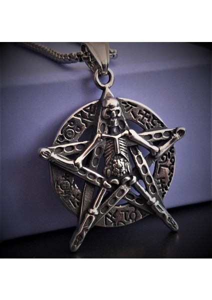 Paslanmaz Çelik Kurukafa Detaylı Pentagram Kolye 70 cm Zincirli