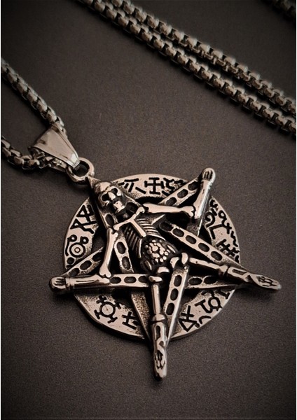 Paslanmaz Çelik Kurukafa Detaylı Pentagram Kolye 70 cm Zincirli fırsatları