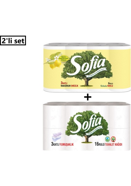 3 Katlı 8'li Limon Kokulu Kağıt Havlu + Sofia 3 Katlı 16'lı Tuvalet Kağıdı (2'li Set)