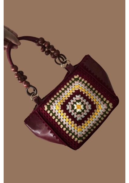 Deri El Emeği Örgü Detaylı Özel Tasarım Elite Lüx Dört Mevsim Handmade El Çantası Bordo