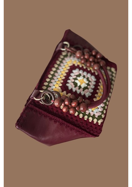 Deri El Emeği Örgü Detaylı Özel Tasarım Elite Lüx Dört Mevsim Handmade El Çantası Bordo
