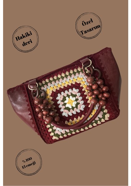 Deri El Emeği Örgü Detaylı Özel Tasarım Elite Lüx Dört Mevsim Handmade El Çantası Bordo