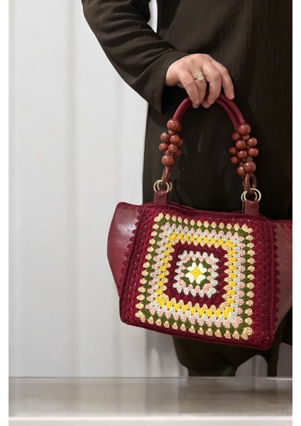 Deri El Emeği Örgü Detaylı Özel Tasarım Elite Lüx Dört Mevsim Handmade El Çantası Bordo