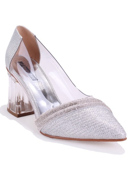 DZA07-11153806 Gümüş Şeffaf Topuklu Abiye Kadın Ayakkabı