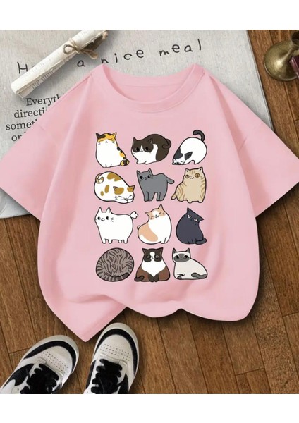 Punıx Kıds Özel Üretim Kedicikler Baskılı Yeni Stil Kız Çocuk Ter Tutmayan Yazlık T-Shırt