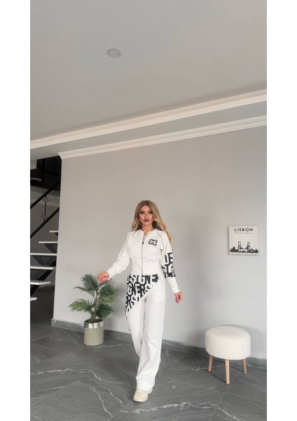 Kadın Yeni Sezon Yüksek Bel Yazı Detaylı Fermuarlı Alt Üst Takım