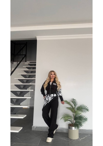 Kadın Yeni Sezon Yüksek Bel Yazı Detaylı Fermuarlı Alt Üst Takım