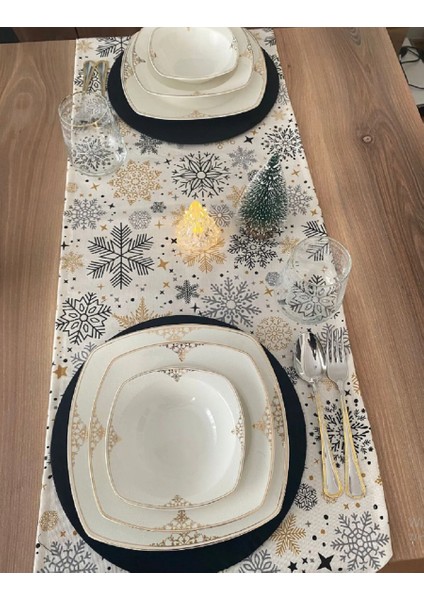 Siyah Kar Tanesi Yılbaşı Desenli Runner ve 6'lı Supla Seti Tasarim Takim Amerikan&servis