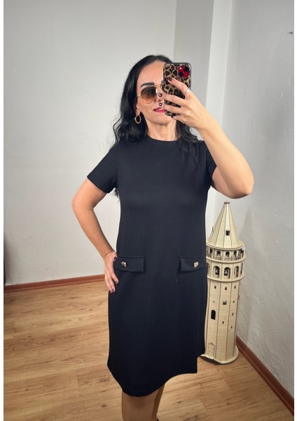 Oysh Gold Düğmeli Cep Kapak Detaylı Modal Siyah Elbise