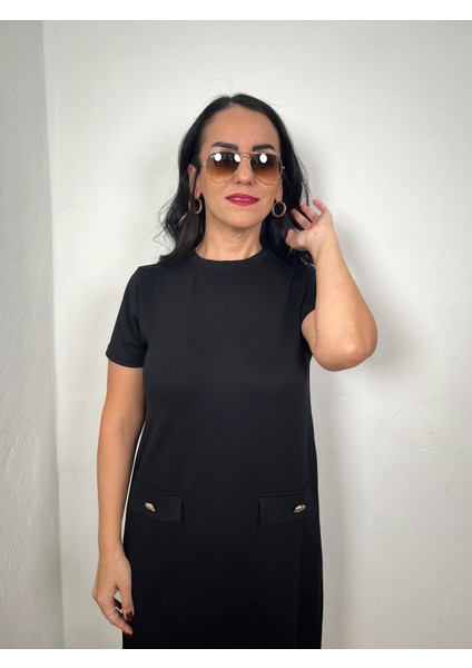 Oysh Gold Düğmeli Cep Kapak Detaylı Modal Siyah Elbise fiyatları