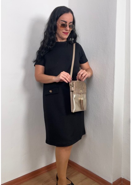 Oysh Gold Düğmeli Cep Kapak Detaylı Modal Siyah Elbise modelleri